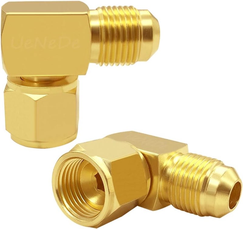 Uenede 2PCS Brass 90 Degrees Swivel Elbow Flare Fitting, 3/8 Flare Female to 3/8 Flare Male Coupler, 3/8" Tube OD SAE 45 Degree Nut Gas Adapter Nipple Pipe Fitting Connector - Image 1